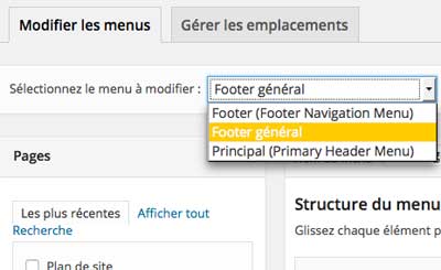 Choisir menu WordPress à modifier