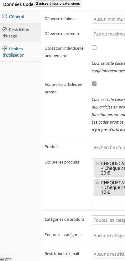 Restriction usage code promo Woocommerce